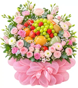 Dành Tặng Bạn – giỏ quà trái cây hoa hồng phấn
