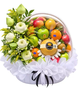 Tấm Lòng – giỏ quà trái cây hoa trắng xanh