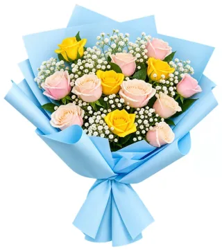 Gửi Người Thương – bó hoa hồng vàng phấn gói xanh