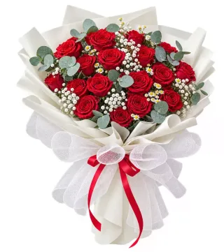 Nắng Mai – bó hoa hồng đỏ giấy trắng lưới