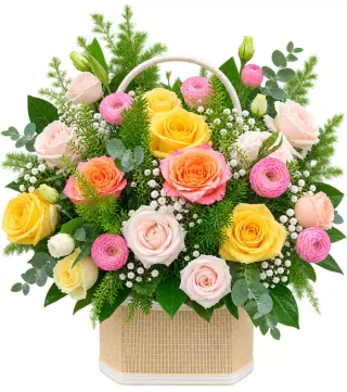 Niềm Vui Nhỏ – giỏ hoa hồng vàng hồng phấn