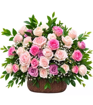 Sắc Thương – giỏ hoa hồng phấn cùng hồng tím