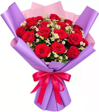 Hẹn Thương – bó hoa hồng đỏ giấy tím