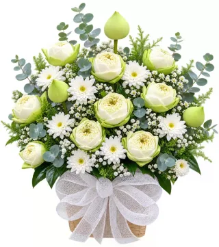 Nghĩa Ân – giỏ hoa phân ưu sen xanh trắng