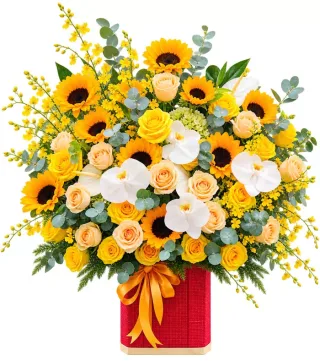 Hẹn Niềm Vui – giỏ hoa hướng dương lan trắng · 1812