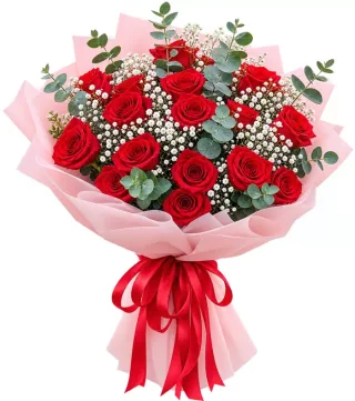 Nắng Mai – bó hoa hồng đỏ gói hồng phấn · 0605
