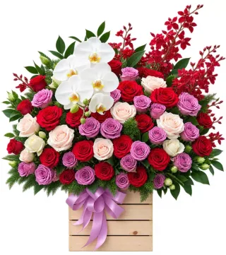 Lời Tâm Tình – hộp hoa hồng đỏ tím cùng lan