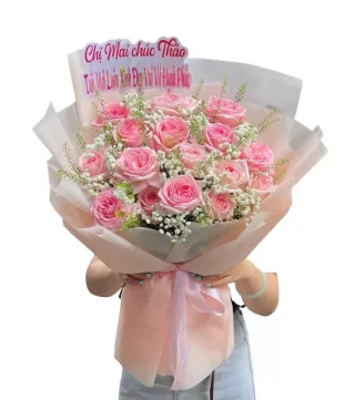 Gửi Nhớ – bó hoa hồng phấn cùng baby trắng và lá xanh