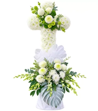 Tình Thân – kệ hoa phân ưu chữ thập cúc trắng