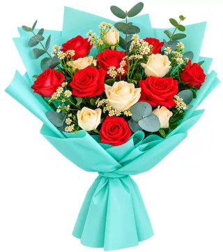 Dành Riêng – bó hoa hồng đỏ kem giấy xanh