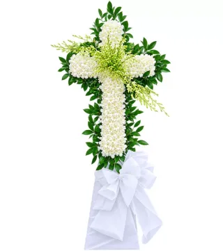 Tiễn Người – kệ hoa phân ưu chữ thập trắng xanh