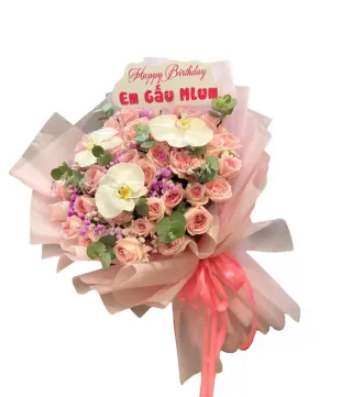 Lời Hẹn – bó hoa hồng kem phớt hồng cùng lan hồ điệp trắng