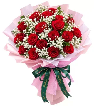 Nhịp Yêu – bó hoa hồng đỏ xen baby trắng