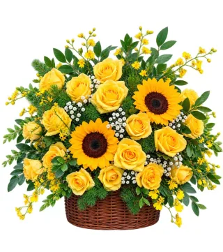 Bình Yên Nhỏ – giỏ hoa hướng dương hồng vàng