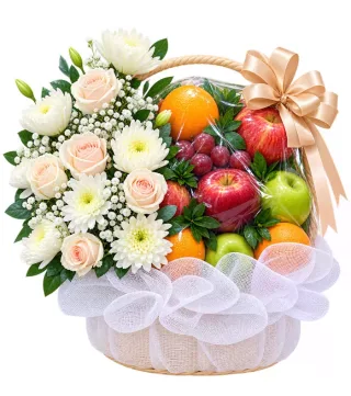 Chung Niềm Vui – giỏ quà trái cây hoa trắng