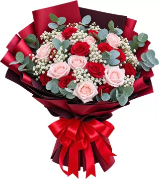 Một Lời Thương – bó hoa hồng đỏ phấn gói đỏ