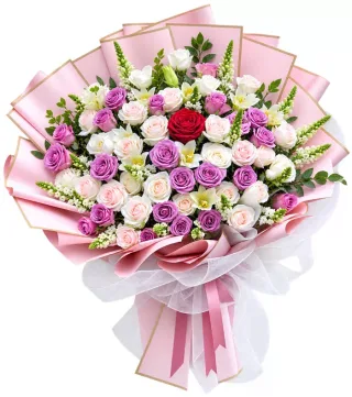 Mến Thương – bó hoa hồng nhiều màu gói hồng