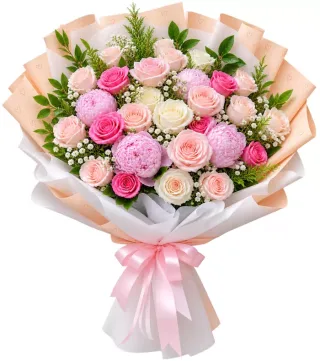 Thương Mến – bó hoa hồng phấn cùng cẩm chướng