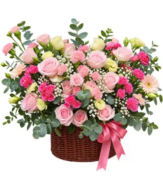 Hẹn Niềm Vui – giỏ hoa hồng phấn cùng cẩm chướng