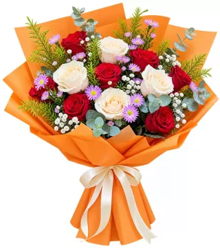 Lời Cảm Ơn – bó hoa hồng đỏ kem gói cam