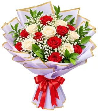 Hẹn Thương – bó hoa hồng đỏ kem gói trắng