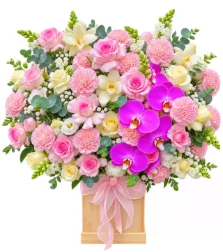 Thương Gửi – giỏ hoa hồng phấn lan tím