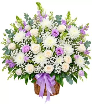Mãi Nhớ – giỏ hoa phân ưu trắng tím