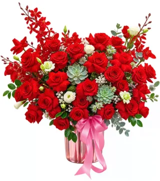 Vui Bên Nhau – bình hoa hồng đỏ cùng lan