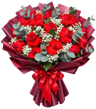 Thương Mến – bó hoa hồng đỏ cùng lá bạc