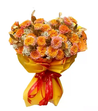 Nhịp Yêu – bó hoa hồng cam gói vàng