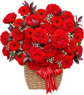 Chạm Yêu Thương – giỏ hoa hồng đỏ cùng đồng tiền