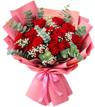 Gửi Người Thương – bó hoa hồng đỏ gói hồng