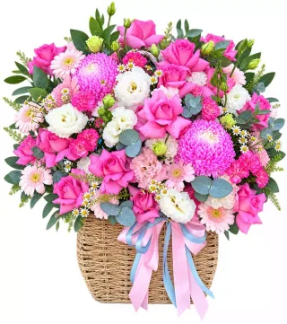 Sắc Thương – giỏ cúc hồng cùng hoa trắng